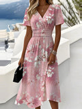 Women’s Pink Magnolia Floral Print Wrap V Neck Midi Dress Boho Summer Dress