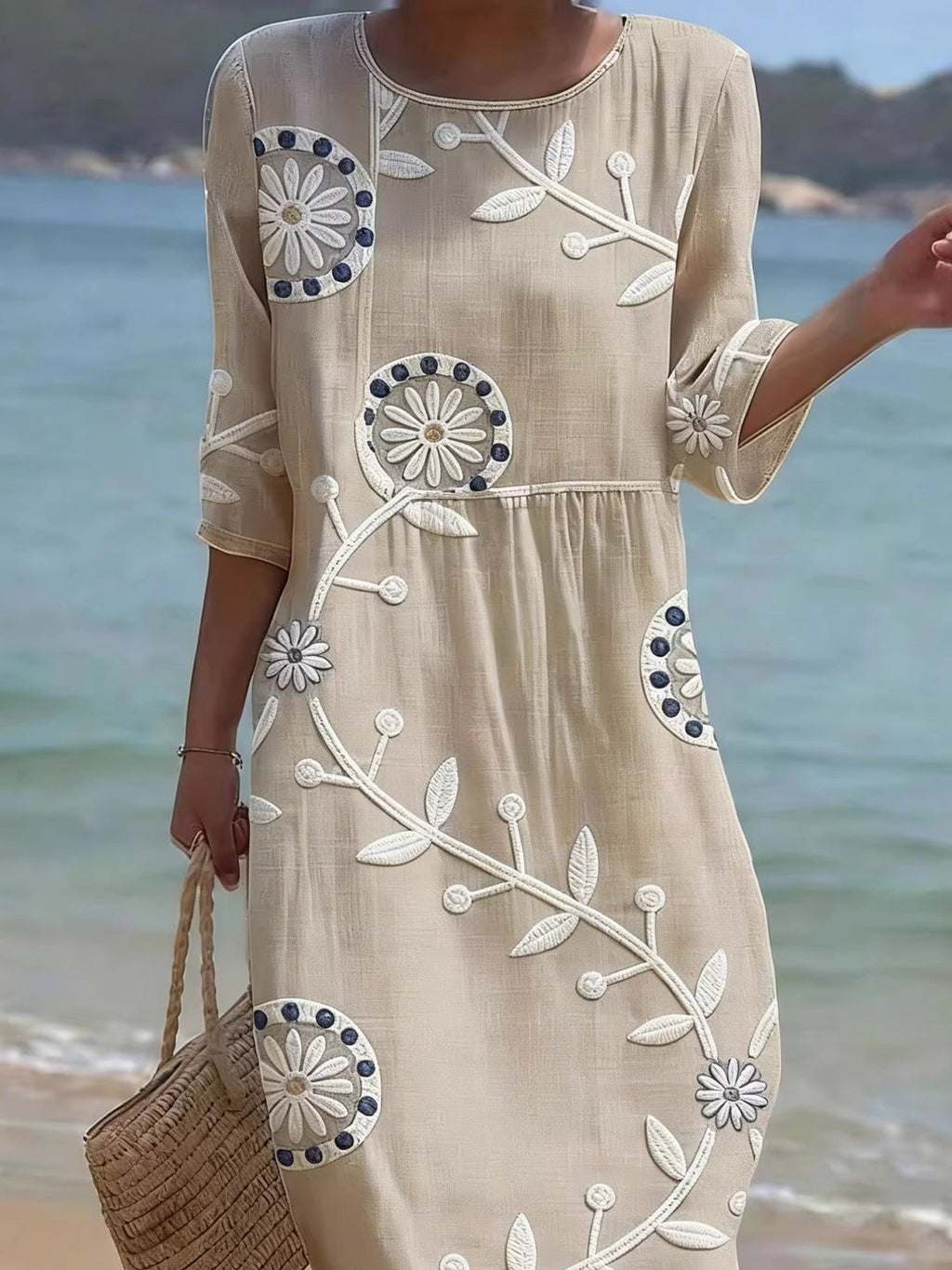 Vintage Floral Round Neck 3D Printing Casual Dress