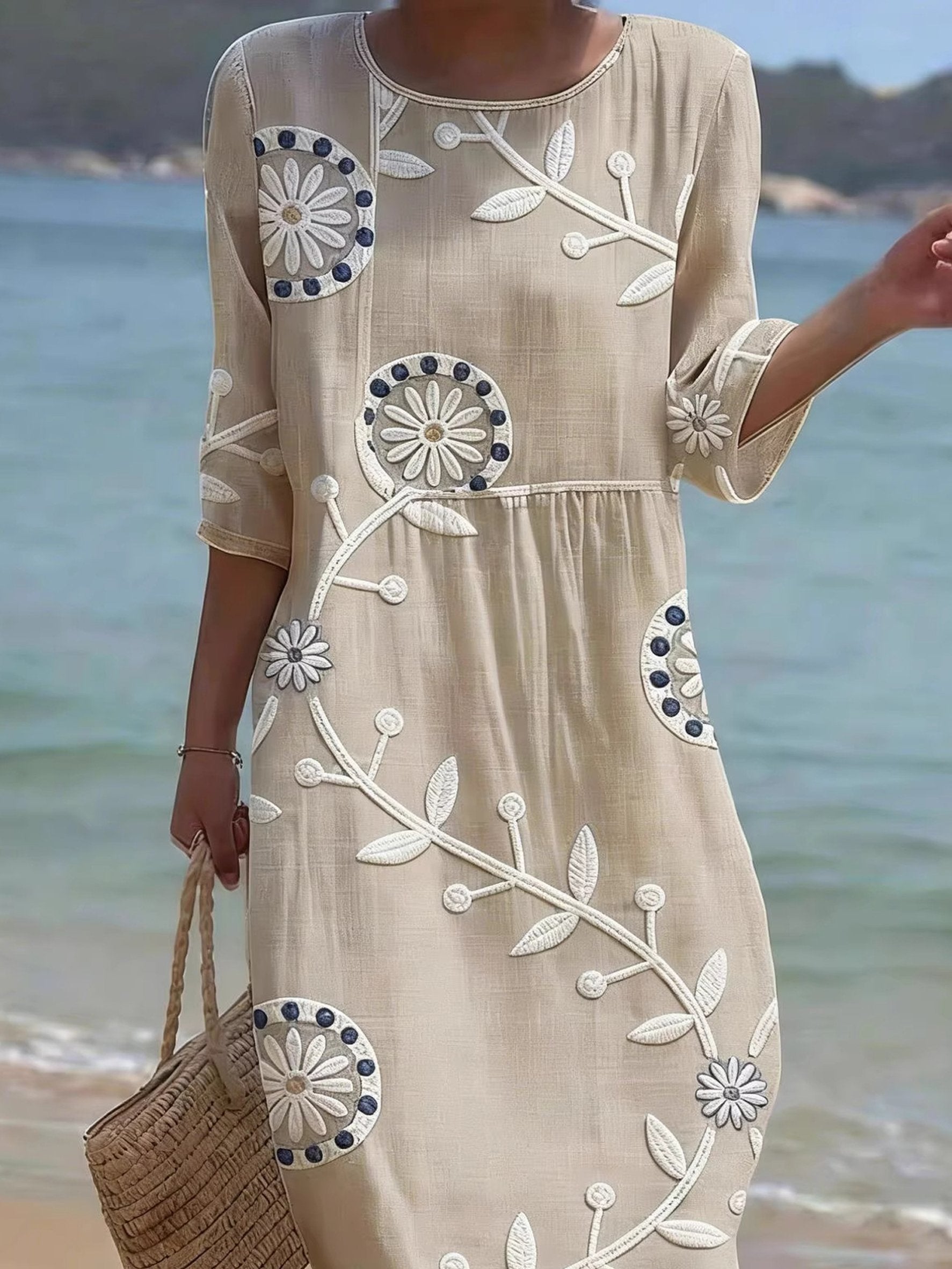 Vintage Floral Round Neck 3D Printing Casual Dress