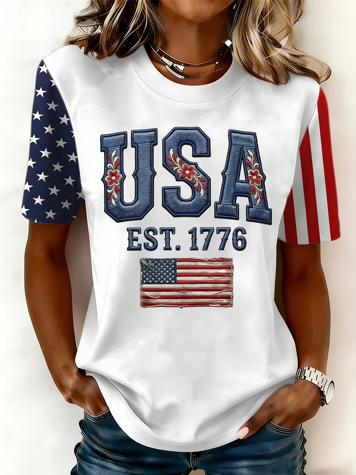Casual Crew Neck Usa/Us/American Cotton T-Shirt