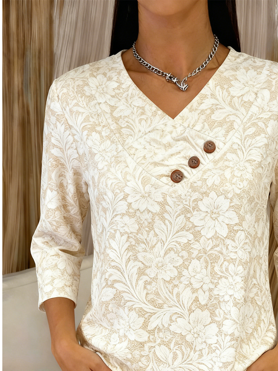 Elegant V Neck Cotton-Blend T-Shirt