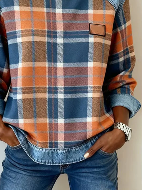 Women's Plaid Print Patchwork Denim Crewneck Long-Sleeved Sweatshirt