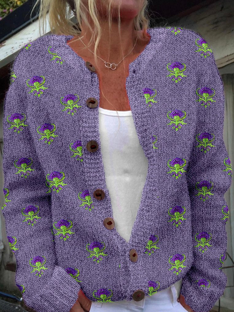 Women’s Casual Floral Spring/Fall Micro-Elastic Scottish Thistle Long Sleeve Cardigan