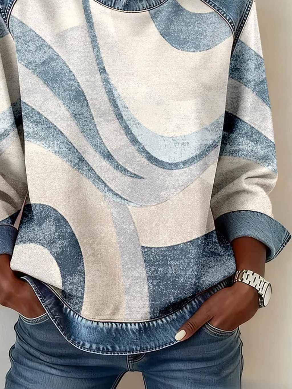 Women's Abstract Stripes Print Patchwork Denim Crewneck Long-Sleeved Sweatshirt