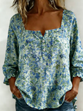 Women's Three Quarter Sleeve Blouse Spring/Fall Blue Floral Printing Square Neck Daily Going Out Vintage Top