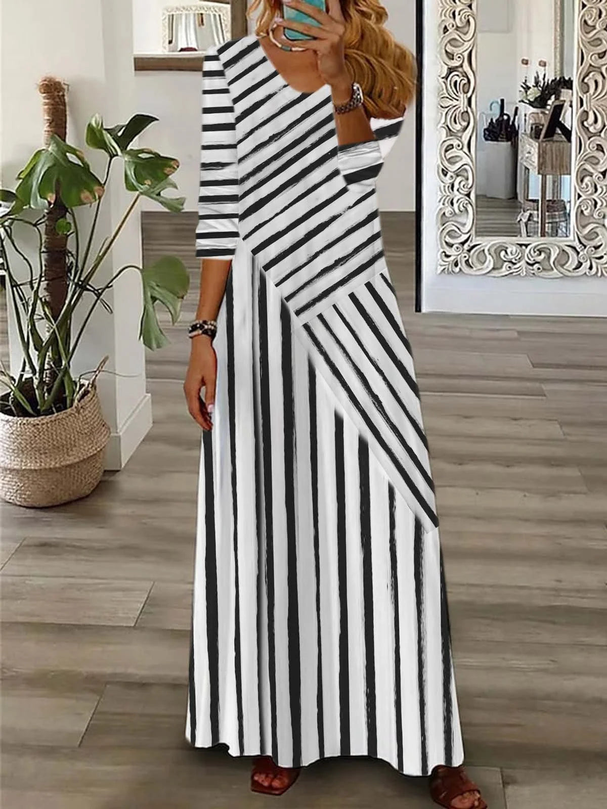 Casual Jersey Striped V Neck Dress With No
