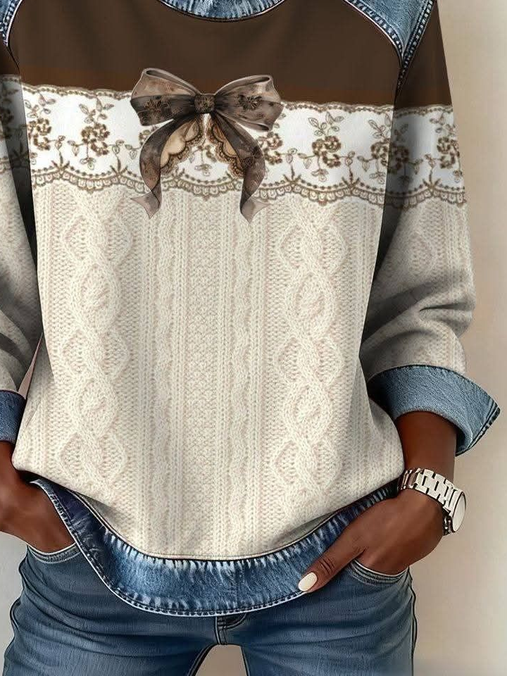 Women's Print Print Patchwork Denim Crewneck Long-Sleeved Sweatshirt