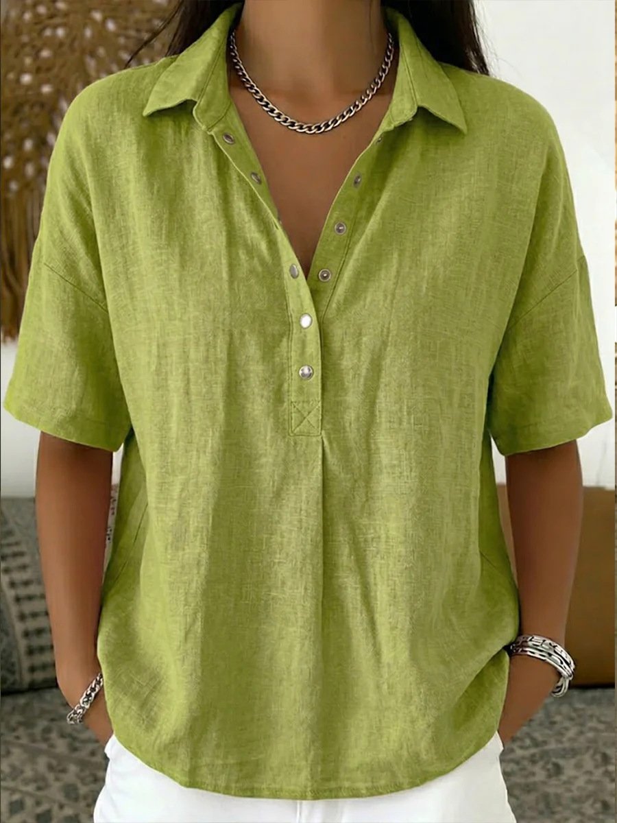 Women’s Light Blue Short Sleeve V Neck Henley Shirt Loose Fit Linen Casual Polo Blouse