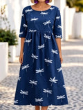 Women's As Picture Dragonfly Printed Casual Crew Neck Cotton-Blend Casual Midi Dress