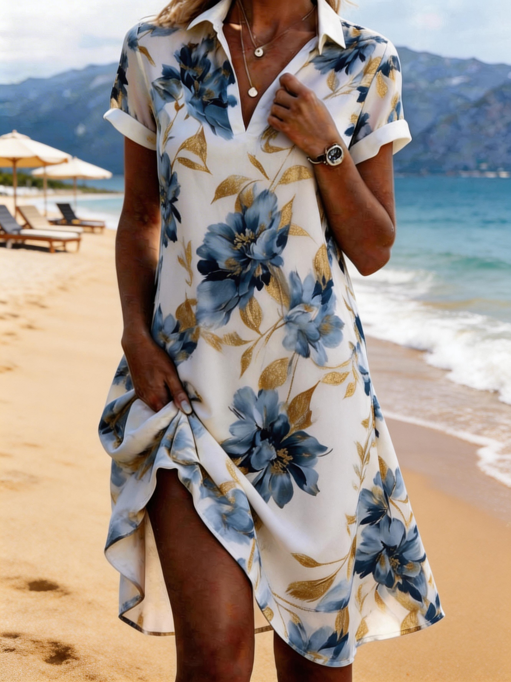Floral Elegant Loose Shirt Dress With No