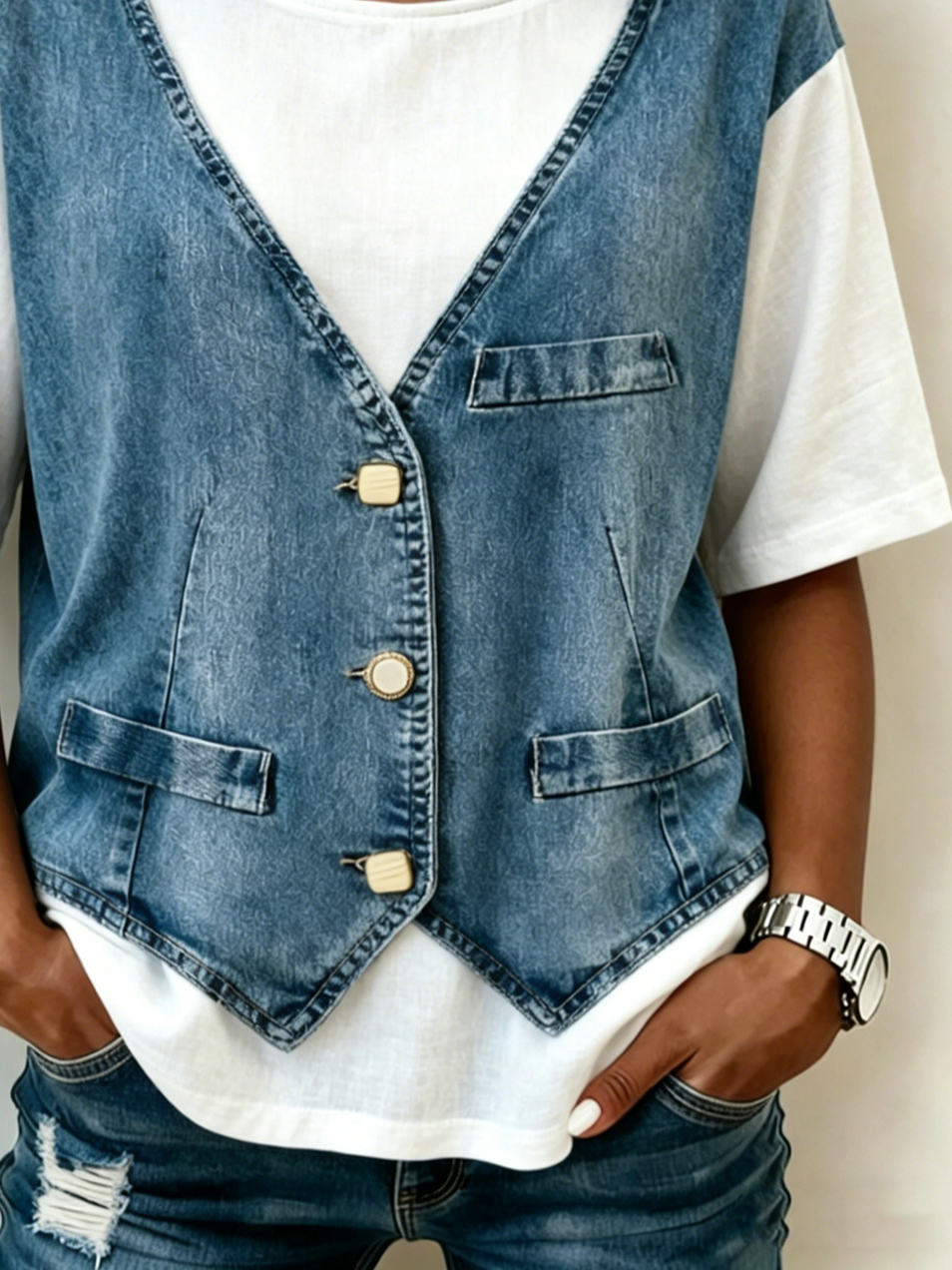 Loose Vintage Faux Denim Print Graphic Cotton-Blend T-Shirt