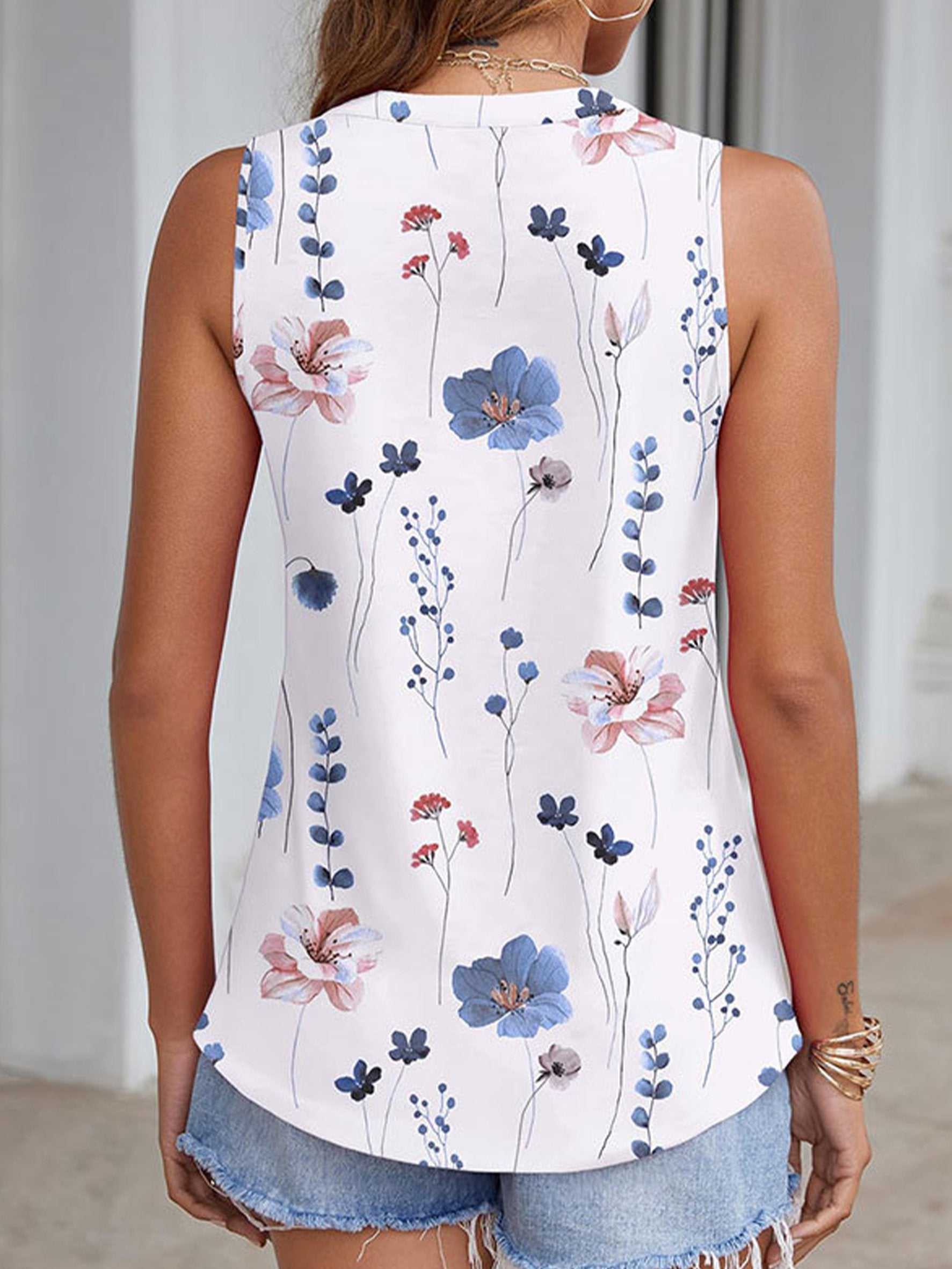 Floral Pattern V Neck Sleeveless A-Line Summer Going Out Casual Top