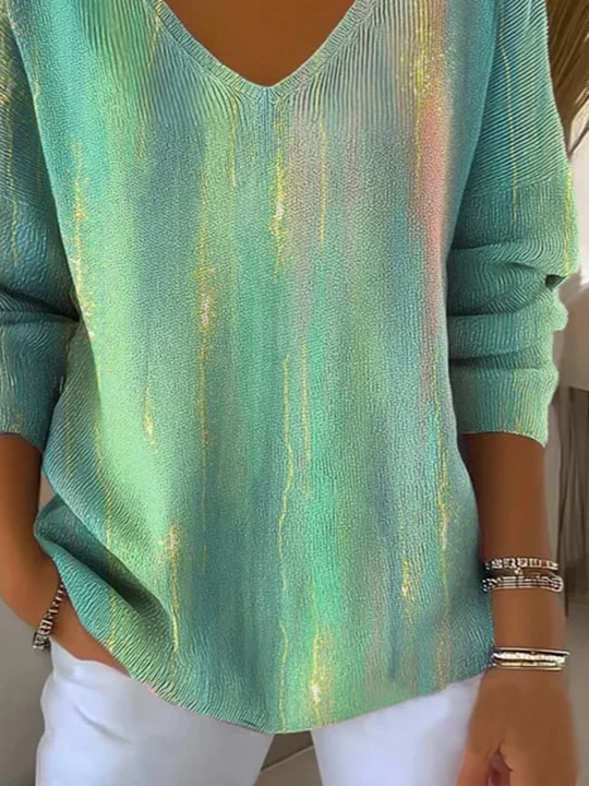 Women's Long Sleeve T-shirt Spring/Fall Green Abstract Printing V Neck Daily Going Out Casual Top
