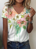 Floral V Neck Jersey Casual T-Shirt
