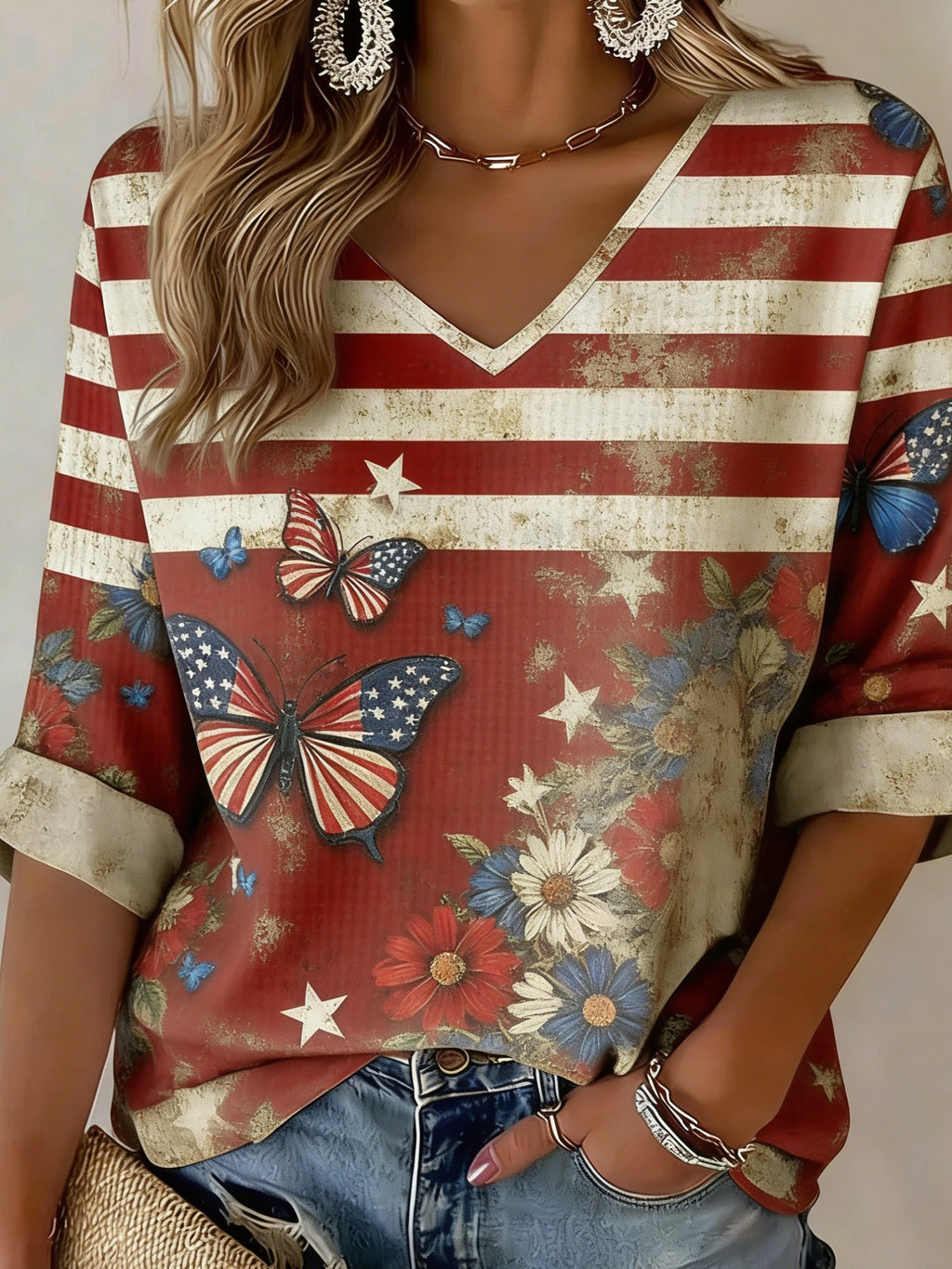 3D Printing V Neck America Flag Floral 250th Anniversary Butterfly Spring Summer Casual T-Shirt