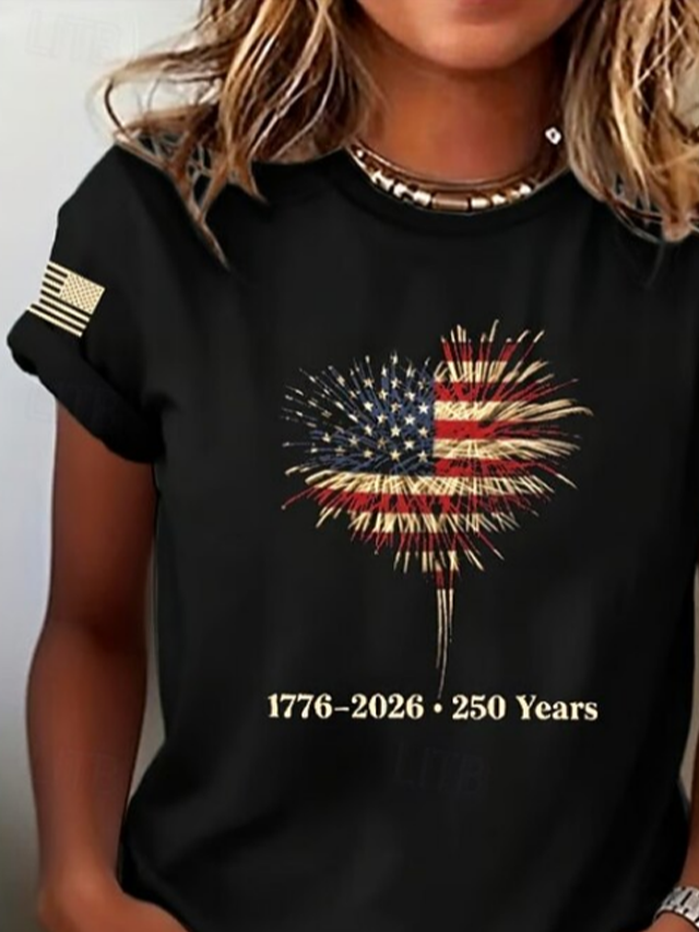 Women's Short Sleeve T-shirt Summer Black Independence Day (Flag) Printing Jersey Crew Neck Daily Going Out Casual Top