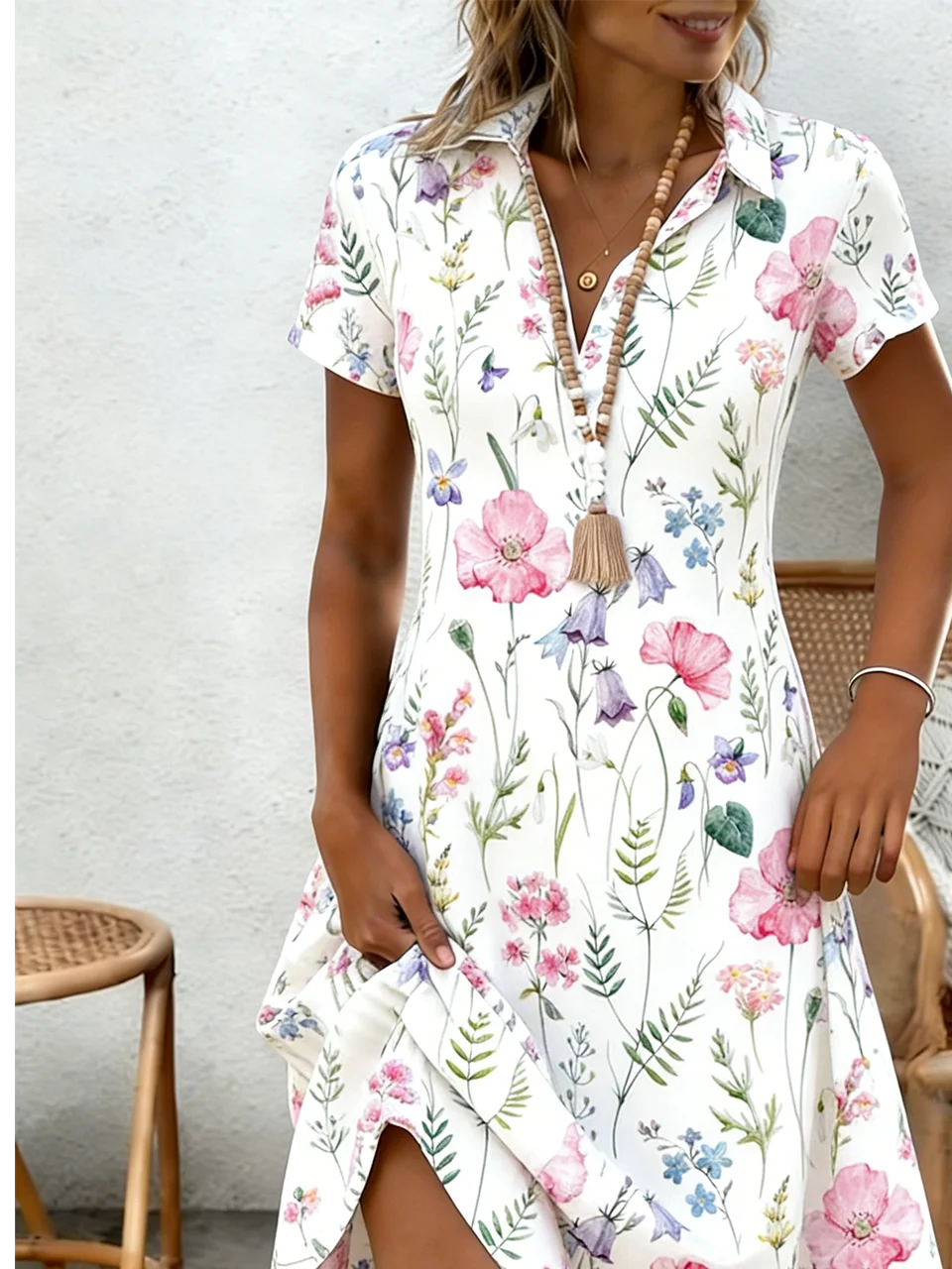 Casual Floral Shawl Collar Loose Shirt Dress With No