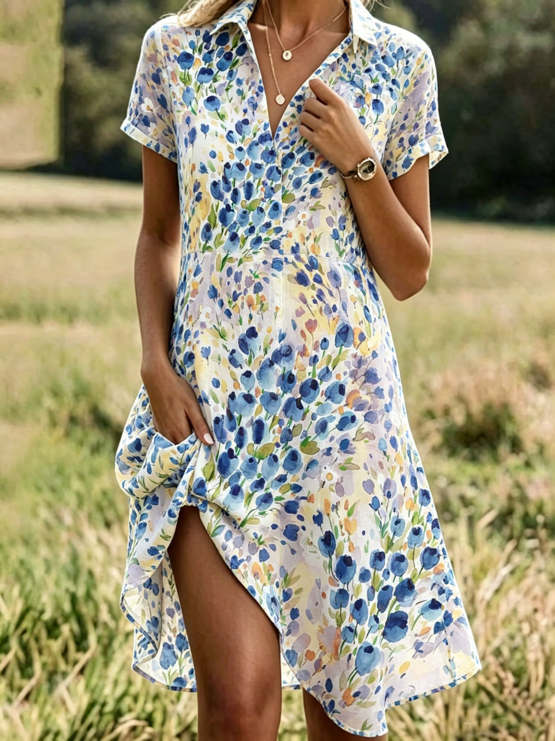 Regular Fit Floral Shirt Collar Vacation Dress With No