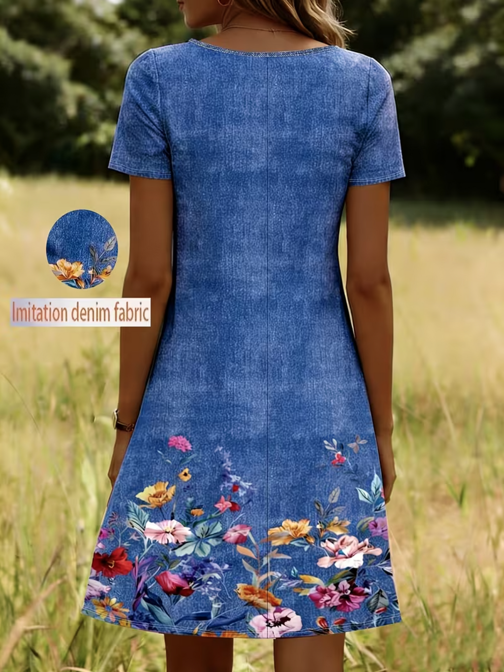 Faux Denim Print Graphic Jersey Casual Crew Neck Dress With No