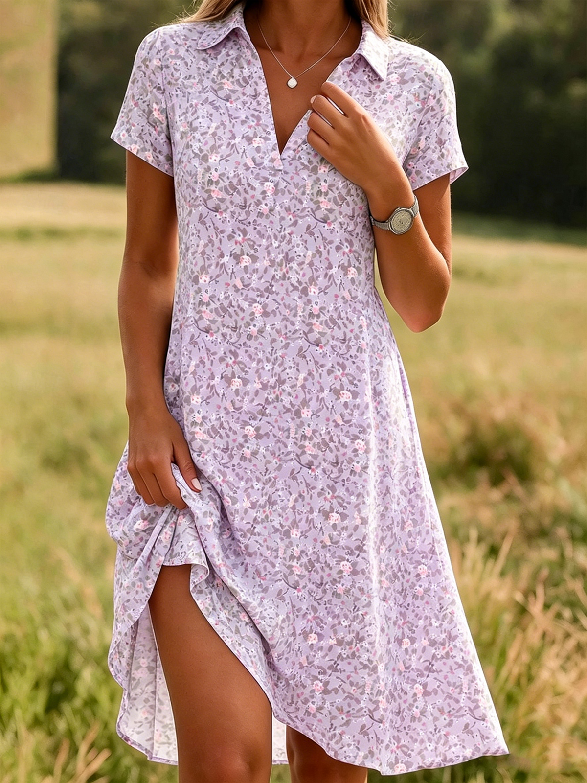 Women's Green Floral Print Shirt Dress Collared Short Sleeve A-Line Casual Midi Dress