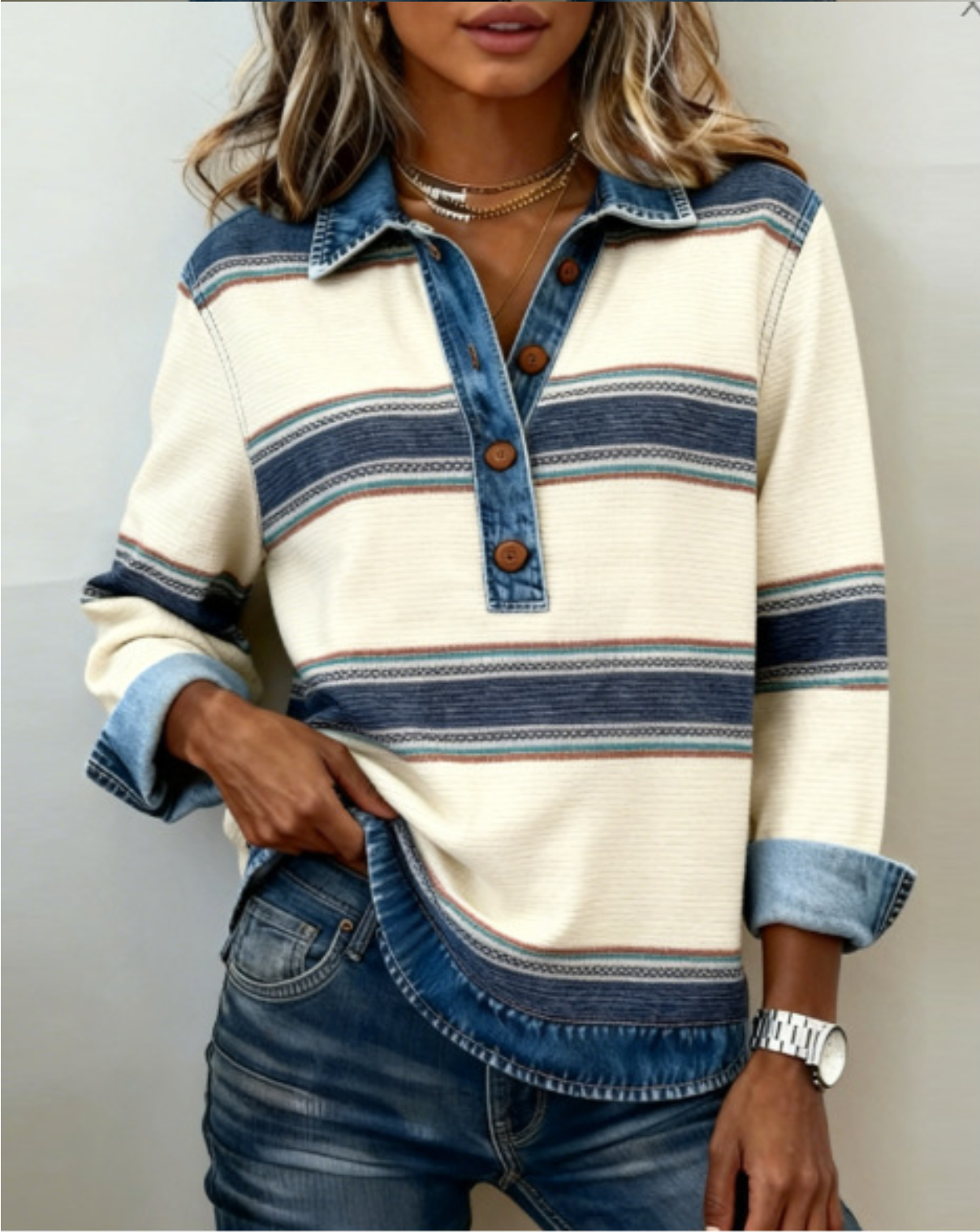 Striped Color Block Denim Casual Blouse