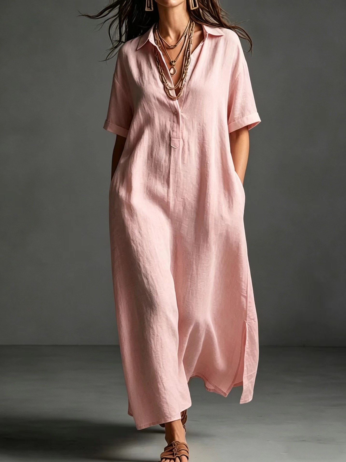 Casual Plain Shirt Collar Midi Dress