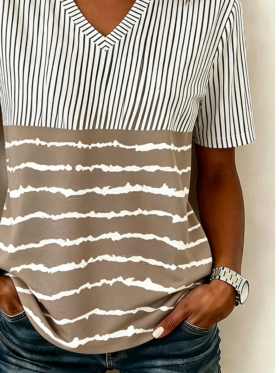 Loose V Neck Casual Striped T-Shirt