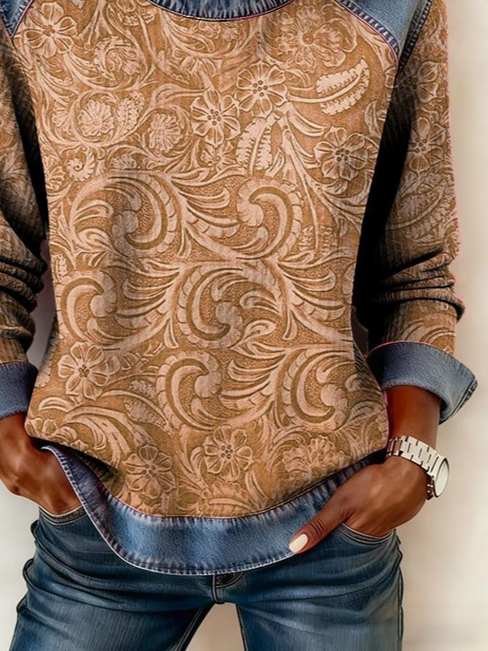 Women's Floral Print Patchwork Denim Crewneck Long-Sleeved Sweatshirt