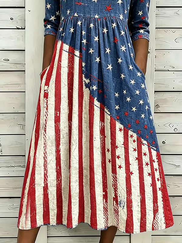 Women's Half Sleeve Summer Blue Independence Day (Flag) Printing Crew Neck Daily Going Out Casual Maxi H-Line Dress