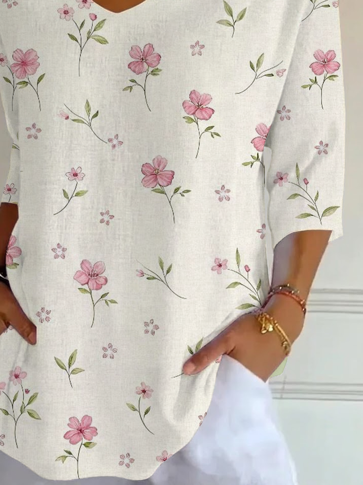 Women's Three Quarter Sleeve T-shirt Spring/Fall Apricot Floral Printing V Neck Daily Going Out Casual Top