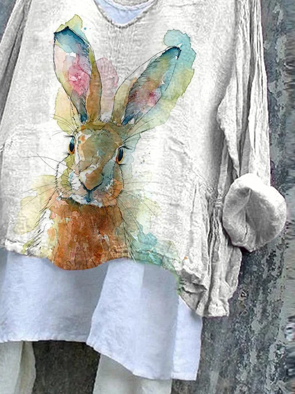 Women's Long Sleeve Blouse Spring/Fall White Easter (rabbit) Printing V Neck Daily Going Out Casual Top