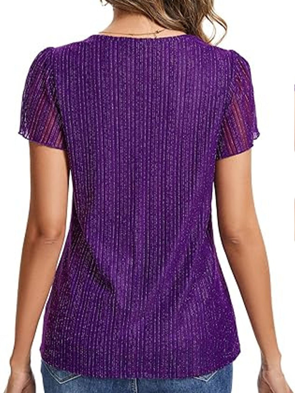 Women's Glitter V Neck Short Sleeve Top Summer Going Out Party Elegant T-Shirt