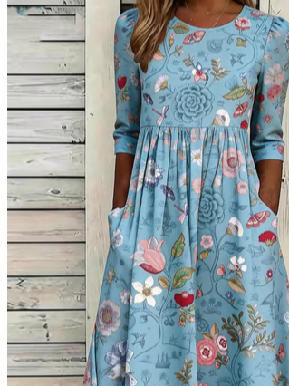Loose Casual Botanical Pattern Dress With No