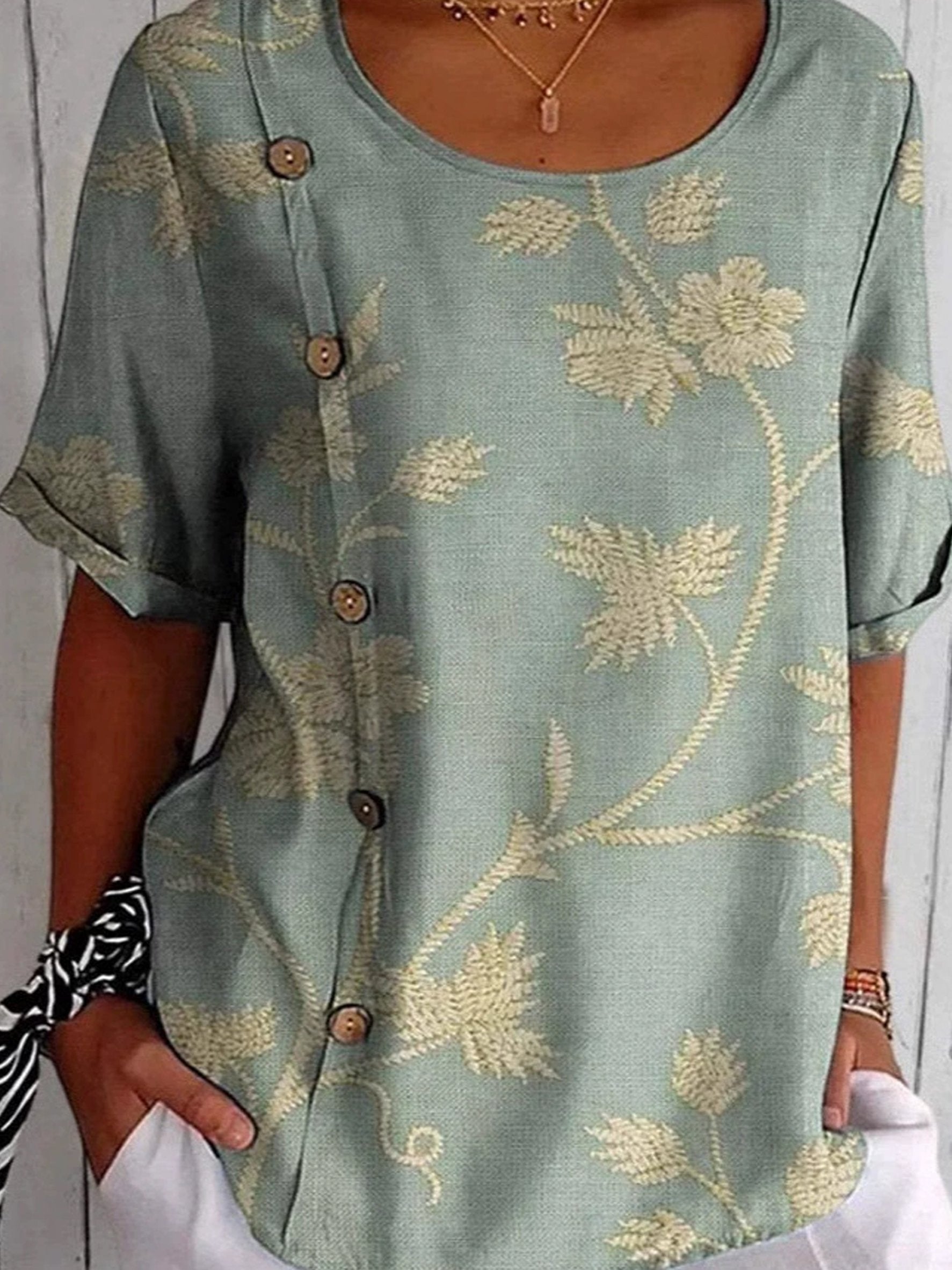 Vintage Floral Round Neck Short Sleeve Button Summer Going Out Casual Top