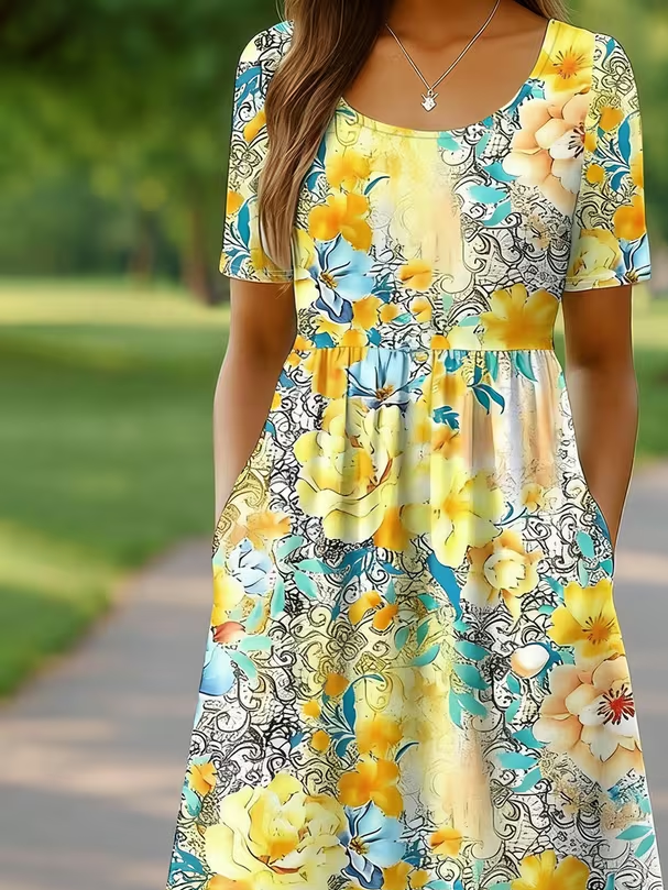 Women's Short Sleeve Summer Yellow Floral Printing Crew Neck Daily Going Out Casual Maxi H-Line Shift Dress Dress