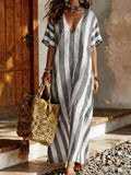 Women's Striped V-Neck Short-Sleeve Casual Maxi Dress with Side Slits