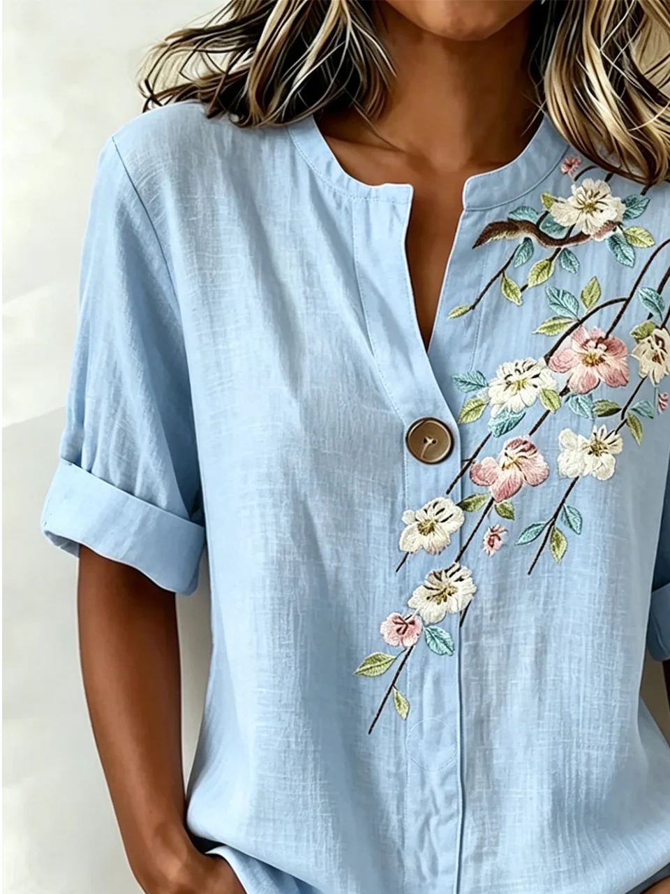 Floral Linen Blend Elegant Loose Shirt