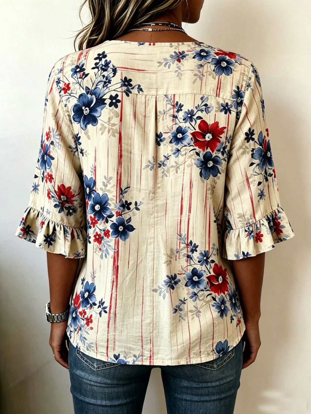 Women's Denim Blue Floral Half Sleeve Blouse Summer White Plain Peplum V Neck Button Daily Going Out Vintage Top Independence Day