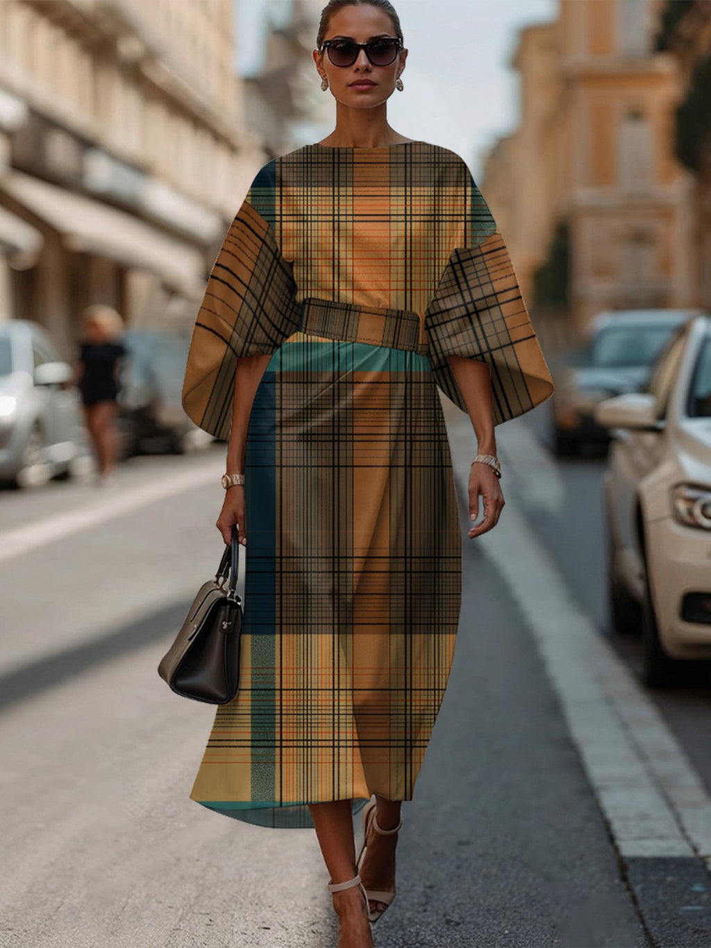Dolman Sleeve Multicolor Block Regular Fit Vintage Crew Neck Dress With Belt