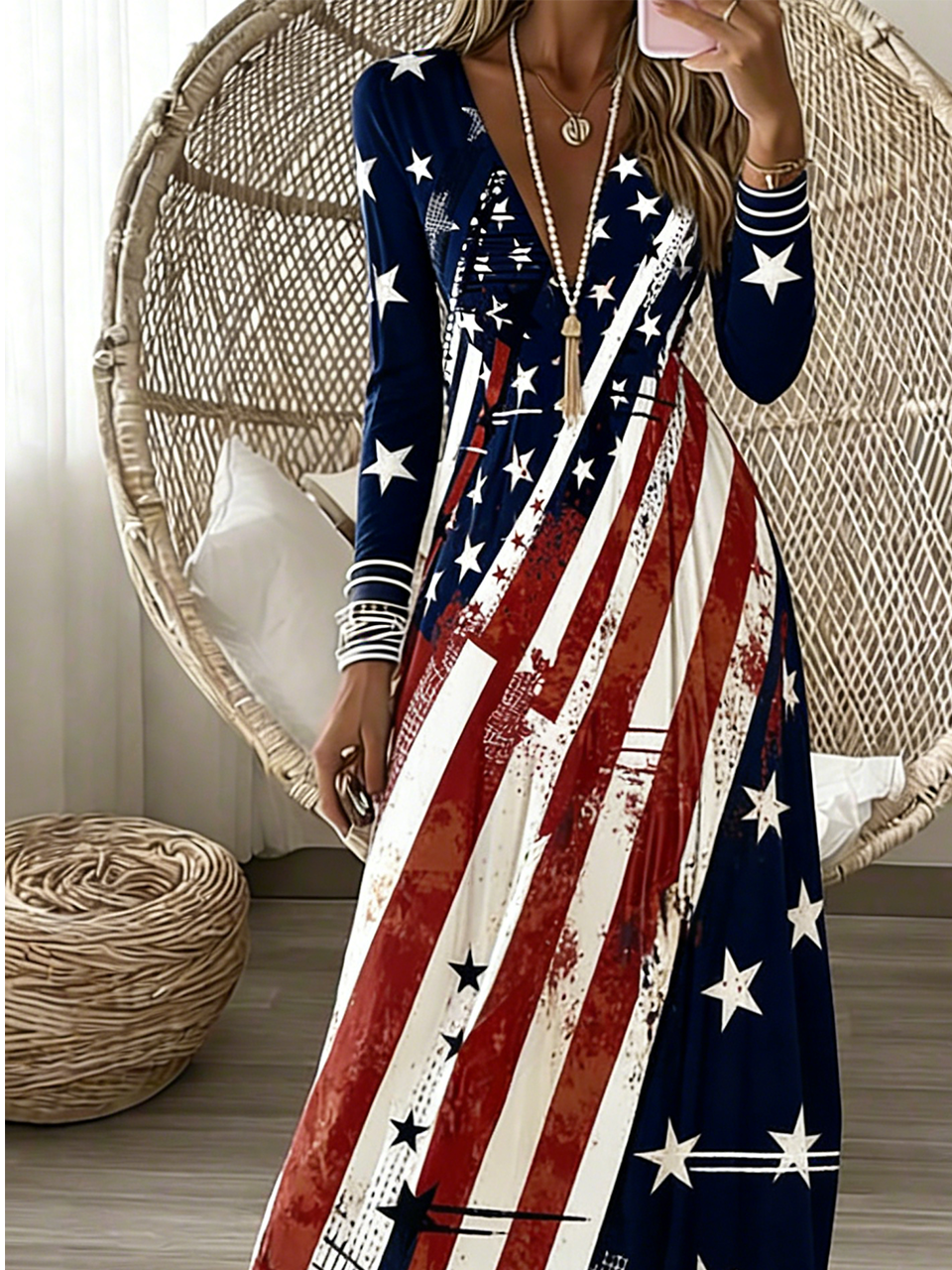 Independence Day Regular Fit V Neck Casual Dress With No