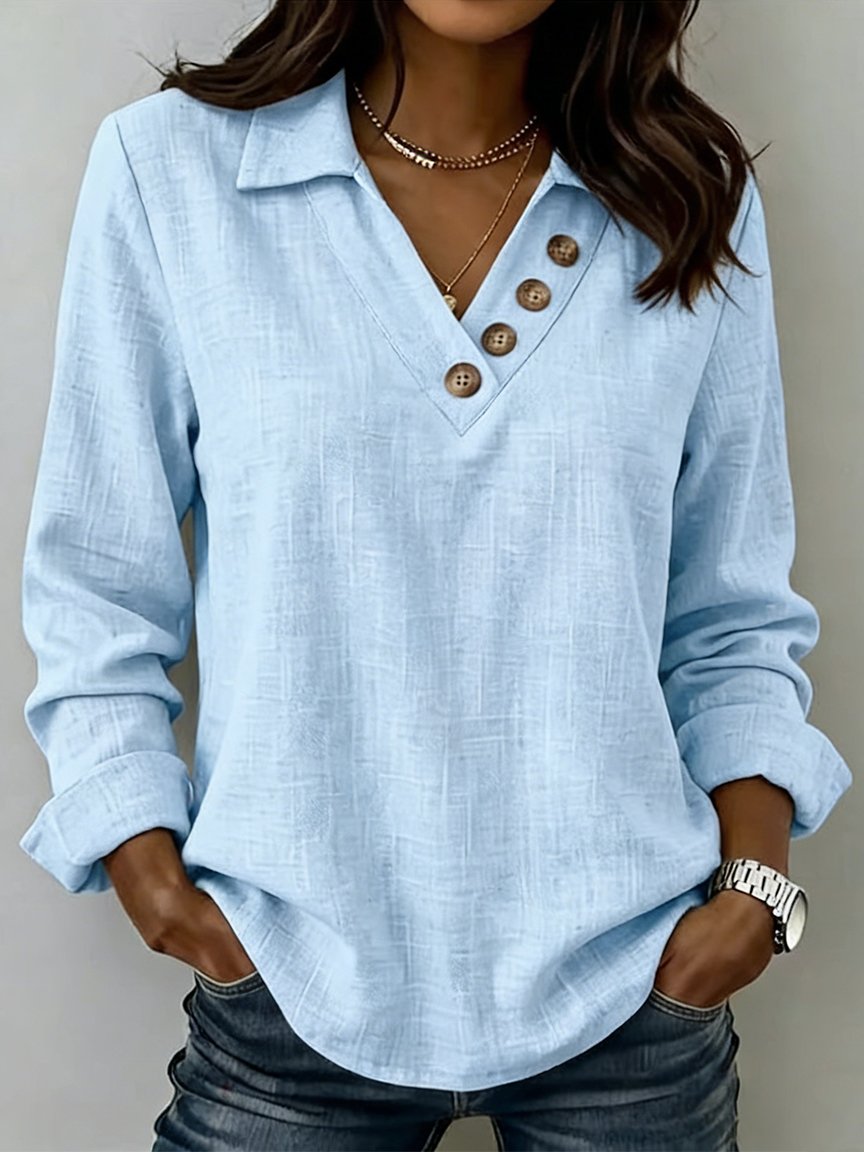 Vintage Cotton And Linen V Neck Plain Shirt