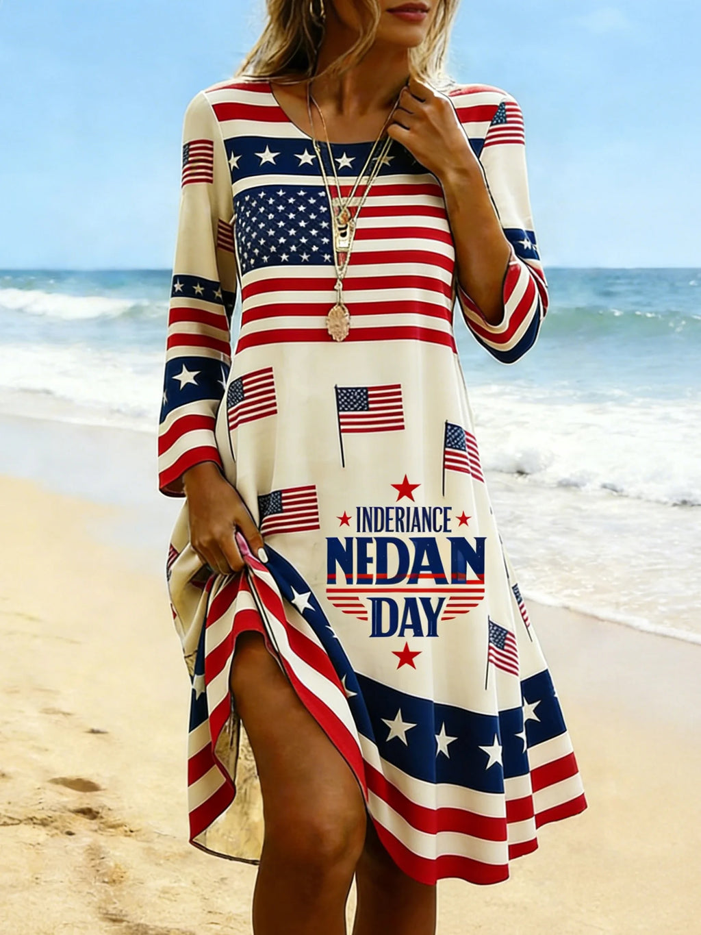 Women Spring Summer Dress America Flag Crew Neck 250th Anniversary Dress