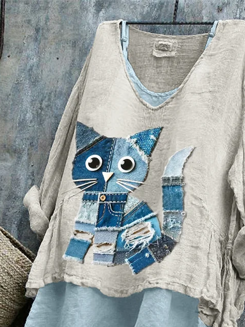 Women's Long Sleeve Blouse Spring/Fall Apricot Cat Printing V Neck Daily Going Out Casual Top