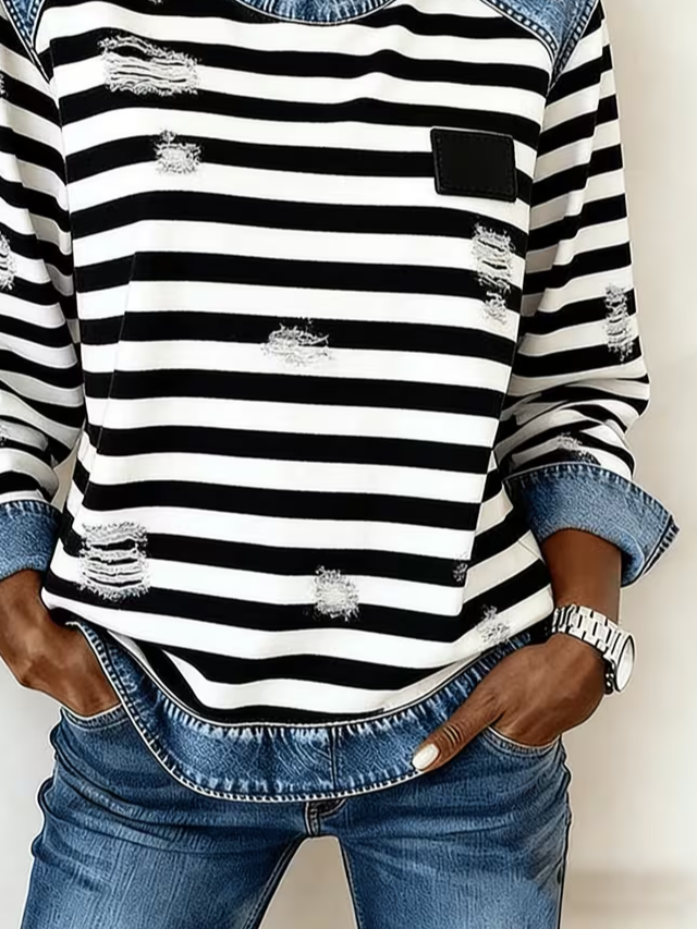Women's Stripe Print Patchwork Denim Crewneck Long-Sleeved Sweatshirt