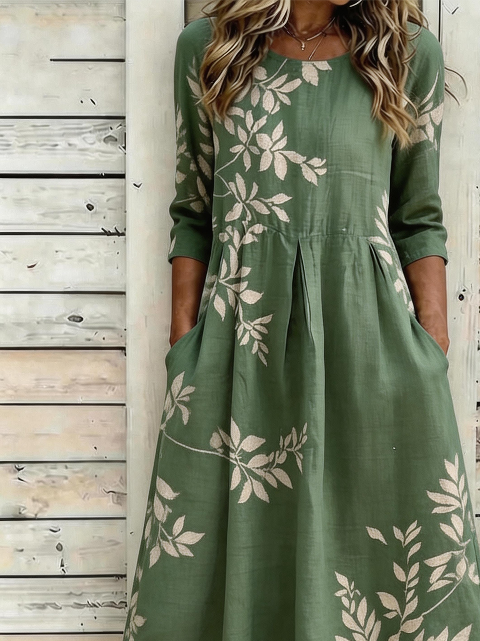 Green Leaf Print 3/4 Sleeve Loose Maxi Dress