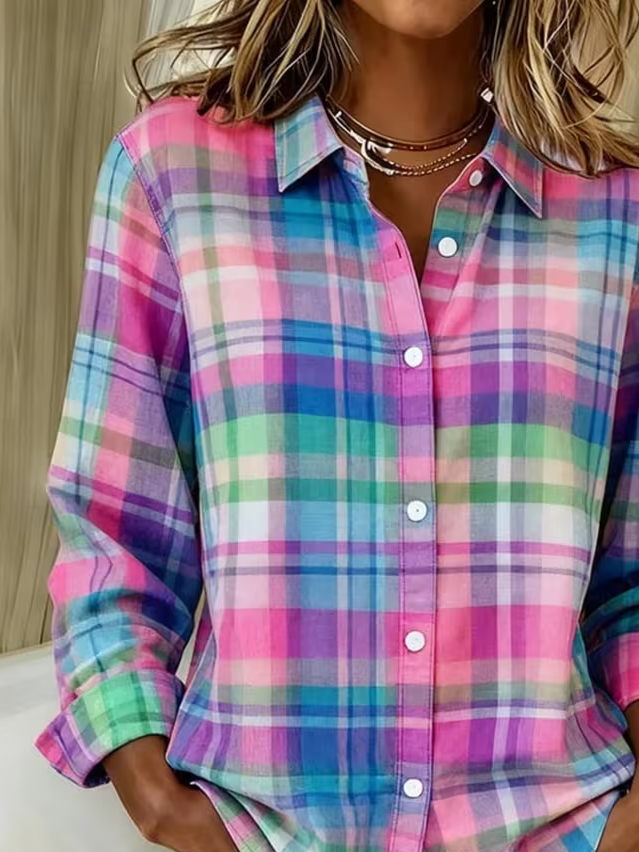 Women's Long Sleeve Shirt Spring/Fall As Picture Plaid Buckle Shirt Collar Regular Sleeve Daily Going Out Casual Top
