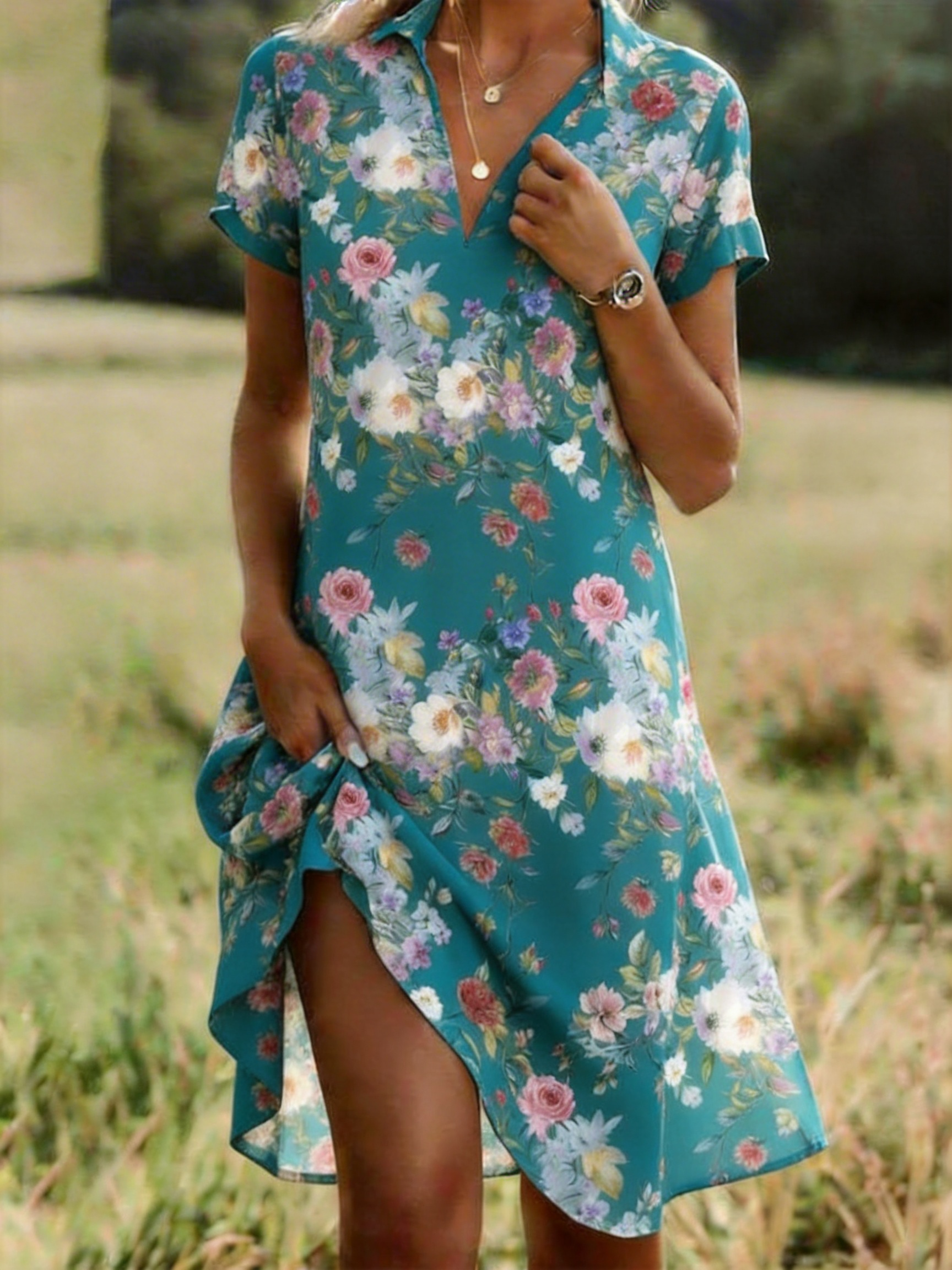 Floral Loose Shirt Collar Vacation Shirt Dress With No