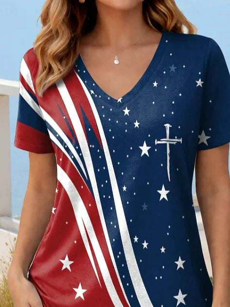 Women's Short Sleeve T-shirt Summer Blue America Flag Printing V Neck Holiday Going Out Vintage Top