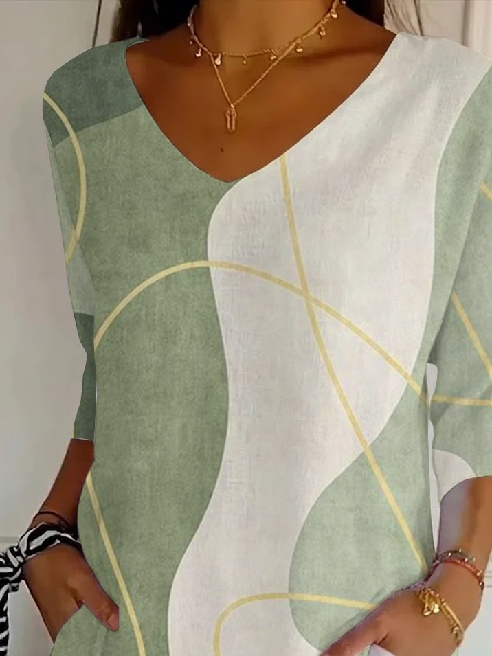 Women's Three Quarter Sleeve T-shirt Spring/Fall Green Abstract Printing V Neck Daily Going Out Casual Top