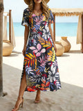 Women's Short Sleeve Summer As Picture Colorful Leaf Printed V Neck Short Sleeve Daily Going Out Casual Maxi A-Line T-Shirt Dress
